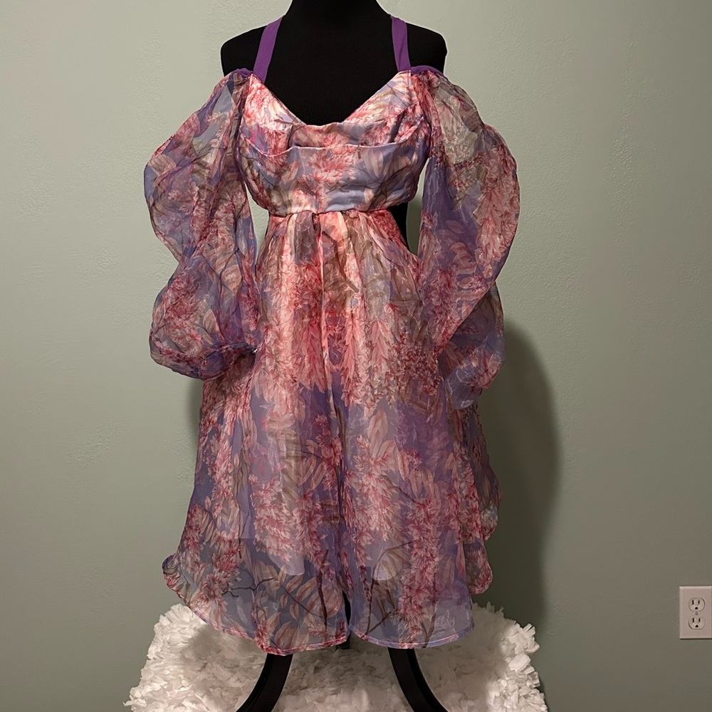 Floral Off-Shoulder Dress with Sheer Sleeves